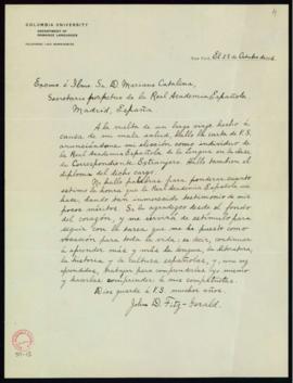 Carta de John D. Fitz-Gerald a Mariano Catalina en la que acusa recibo de la comunicación de su e...