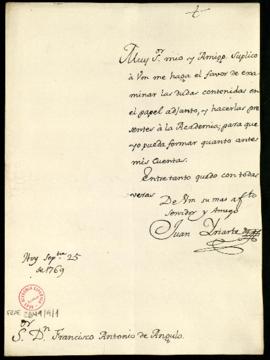 Carta de Juan de Iriarte a Francisco Antonio de Angulo en la que le pide que examine las dudas co...