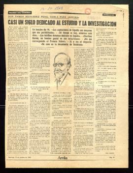 Recorte del diario Arriba con el artículo Casi un siglo dedicado al estudio y la investigación, p...