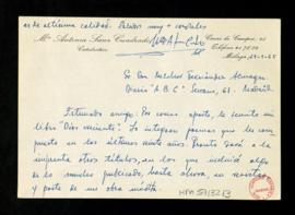 Carta de M.ª Antonia Sanz Cuadrado a Melchor Fernández Almagro en la que le anuncia el envío de s...