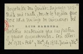Tarjeta de visita de Luis Barreda a Emilio Cotarelo en la que le pide varios ejemplares del Boletín