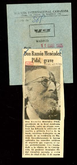 Recorte del diario Ya con la noticia Don Ramón Menéndez Pidal, grave