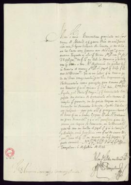 Carta del conde de Torrepalma [Pedro Verdugo de Albornoz Ursúa] a Vincencio Squarzafigo con la qu...