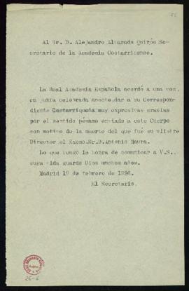 Copia sin firma del oficio del secretario [Emilio Cotarelo] a Alejandro Alvarado Quirós, secretar...