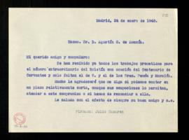 Copia de la carta de Julio Casares a Agustín G. de Amezúa con motivo del retraso en recibir su tr...