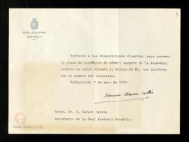 Carta de Narciso Alonso Cortés a Rafael Lapesa, secretario de la Real Academia Española, a la que...