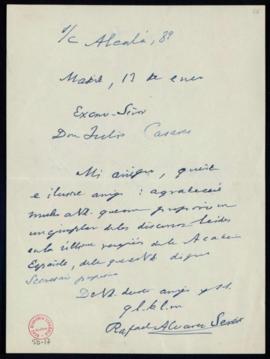 Carta de Rafael Álvarez Sereix a Julio Casares en la que le pide que le envíe los últimos discurs...