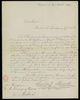 Carta de Stanislas J[oseph] Siennicki a Manuel Tamayo y Baus en la que agradece el envío de una e...