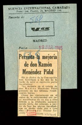 Recorte del diario Ya con la noticia Persiste la mejoría de don Ramón Menéndez Pidal
