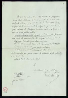 Propuesta firmada por Juan Valera, Marcelino Menéndez y Pelayo y Emilio Cotarelo de Benedetto Cro...