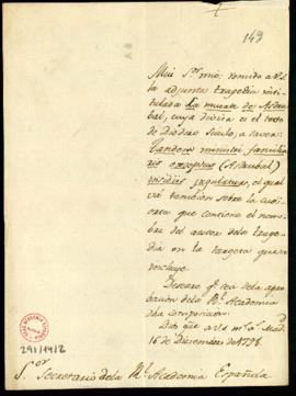 Carta al secretario [Manuel de Lardizábal] con la que se remite adjunta la tragedia intitulada La...