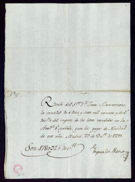 Recibo de Gaspar de Montoya de 17 092 reales de vellón por la obras vendidas en la Academia