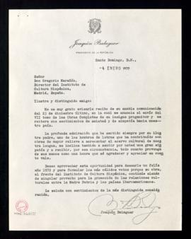 Carta del presidente de la República Dominicana, Joaquín Balaguer, a Gregorio Marañón [Moya] para...