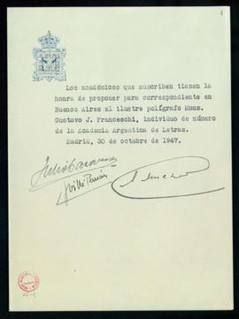 Propuesta de Gustavo J. Franceschi como académico correspondiente extranjero en Buenos Aires