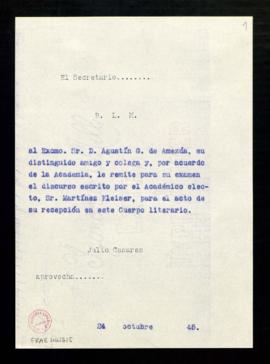 Copia sin firma del besalamano de Julio Casares, secretario, a Agustín G. [González] de Amezúa, c...