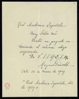 Carta de Magnus Grönvold a Emilio Cotarelo de acuse de recibo del Anuario de 1929