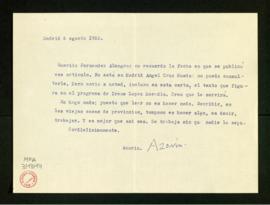 Carta de Azorín a Melchor Fernández Almagro en la que le dice que no recuerda la fecha de publica...