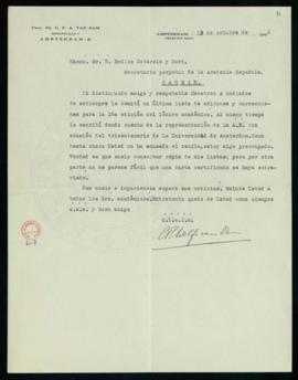Carta de C. F. Adolf van Dam a Emilio Cotarelo en la que le pregunta si recibió la nueva lista de...