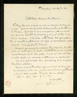 Carta de José Zorrilla a Pedro Antonio de Alarcón en la que agradece la carta de bienvenida publi...