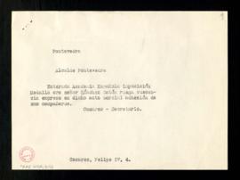Copia del telegrama de Julio Casares, secretario, al alcalde de Pontevedra con el ruego de que ex...
