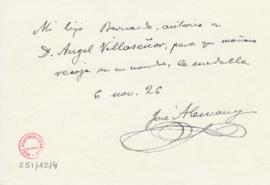 Autorización de Bernardo Alemany a Ángel Villaseñor para que recoja la medalla en su nombre