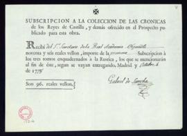 Recibo de Gabriel de Sancha de 96 reales de vellón por la primera suscripción a los tres tomos de...