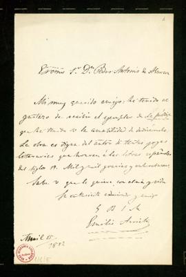 Carta de Emilio Arrieta a Pedro Antonio de Alarcón en la que agradece el ejemplar de La pródiga