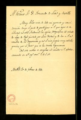 Minuta de la carta del conde de Cheste a Fernando León y Castillo en la que le informa de que la ...