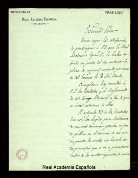Copia de la carta de Manuel Tamayo y Baus a José Zorrilla comunicándole su elección como académic...
