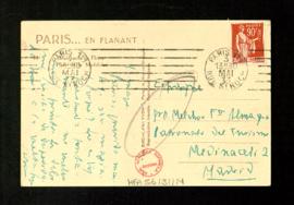 Tarjeta postal de Pedro Salinas a Melchor Fernández Almagro en la que le dice que París se ha que...