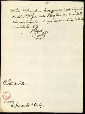 Orden de Manuel de Villegas a Juan Pérez para que entregue a Fernando Magallón un juego del Dicci...