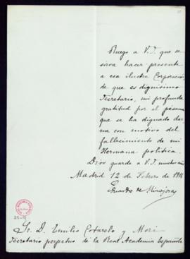 Carta de Eduardo de Hinojosa al secretario, Emilio Cotarelo y Mori, de agradecimiento a la Academ...