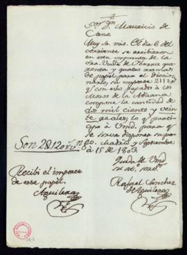 Carta de Rafael Sánchez de Aguilera a Mauricio de Cano sobre la recepción de 44 resmas de papel p...