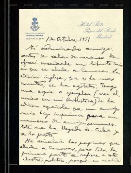 Carta de Orestes Ferrara a Melchor Fernández Almagro con la que le envía su libro señalándole la ...