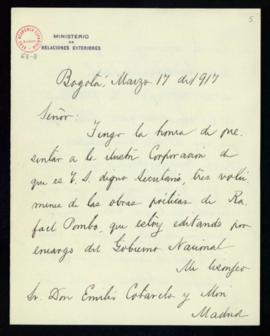 Carta de Antonio Gómez Restrepo a Emilio Cotarelo con la que remite tres volúmenes de las obras p...