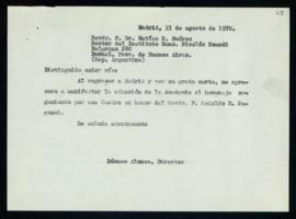 Copia de la carta de Dámaso Alonso, director, a Matías E. Suárez, rector del Instituto Monseñor N...
