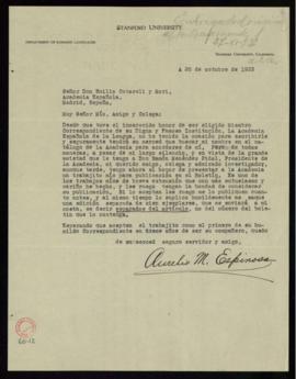 Carta de Aurelio M. Espinosa a Emilio Cotarelo con la que remite un artículo para el Boletín