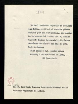 Copia sin firma del oficio de agradecimiento del secretario, Alonso Zamora Vicente, a José Luis L...