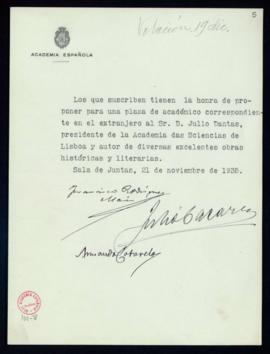 Propuesta de Julio Dantas, presidente de la Academia de Ciencias de Lisboa, como académico corres...