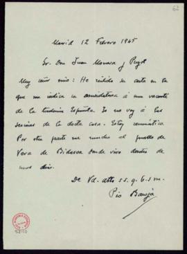 Carta de Pío Baroja a Juan Moneva y Puyol en la que acusa recibo de la suya en la que le comunica...
