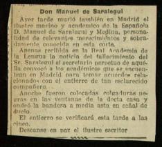 Recorte del diario El Imparcial de 21 de agosto de 1926, con la noticia del fallecimiento de Manu...