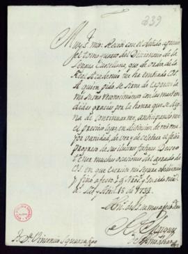 Carta del marqués de Almodóvar a Vincencio Squarzafigo de agradecimiento por el envío del tomo cu...