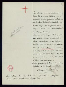Carta de Bernardo Acevedo a Emilio Cotarelo, secretario, en la que acusa recibo de su nombramient...