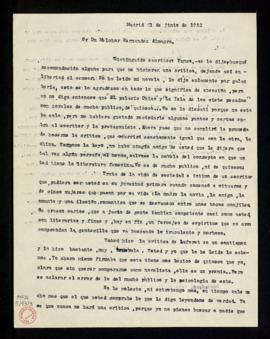 Carta de Isabel Calvo de Aguilar a Melchor Fernández Almagro en la que le pide que lea su novela,...