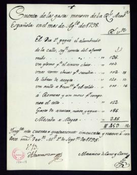 Cuenta de gastos menores del mes de agosto de 1798