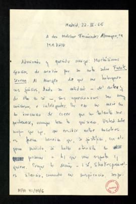 Carta de Ramón de Garciasol a Melchor Fernández Almagro en la que le agradece su nota sobre Fuent...