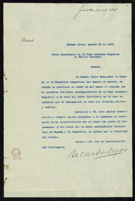 Carta de Ricardo Rojas al secretario, Emilio Cotarelo, en la que acusa recibo, por medio de Ramir...