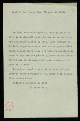 Copia sin firma del oficio de pésame del secretario [Emilio Cotarelo] a la familia de Juan Vázque...
