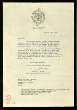 Carta Dorothy M. Dartt, del departamento de Publicaciones de la Hispanic Society of America, a Dá...