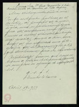 Minuta de la carta del secretario Emilio Cotarelo a Ana Camacho y Díaz Durán en la que le pide un...